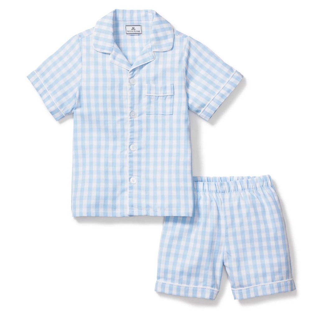 Petite Plume Light Blue Gingham Short Pajama Set Kids Size 14 SSSBG114 NEW